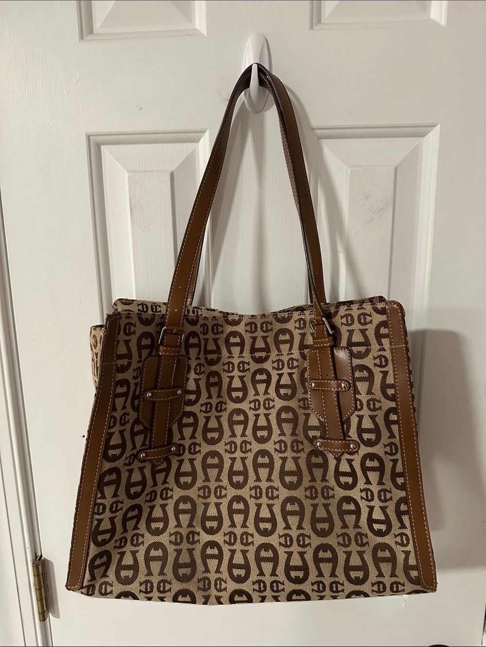 Etienne Aigner Brown Horseshoe Patterned Tote Bag with Leather Trim 10x13
